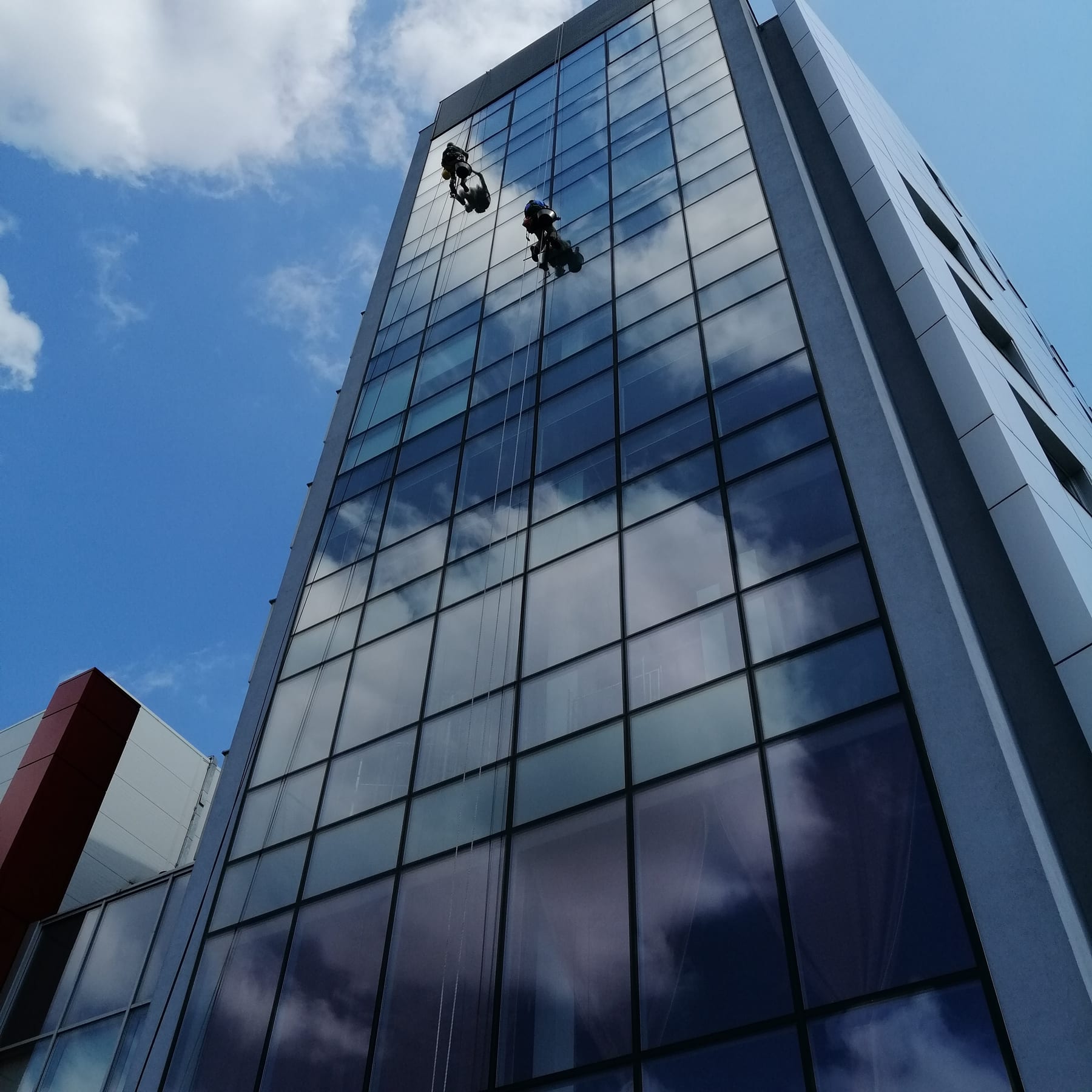 Zespół alpinistów myjący szklaną fasadę wieżowca